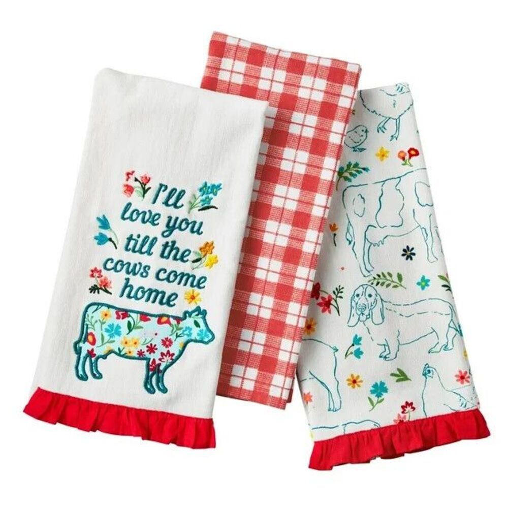 Pioneer Woman Animals Kitchen Towels 3 Pc Set 16"W x 28"L White Red Teal New